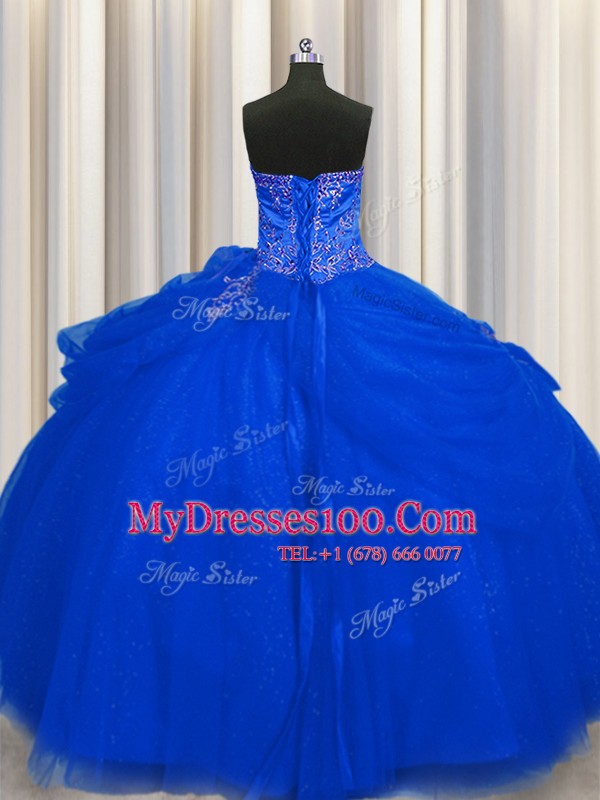 Big Puffy Sweetheart Sleeveless Lace Up Quinceanera Gowns Royal Blue Tulle