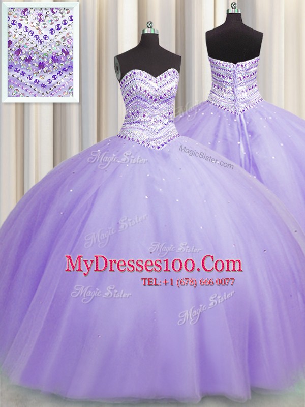 Bling-bling Puffy Skirt Tulle Sweetheart Sleeveless Lace Up Beading 15 Quinceanera Dress in Lavender