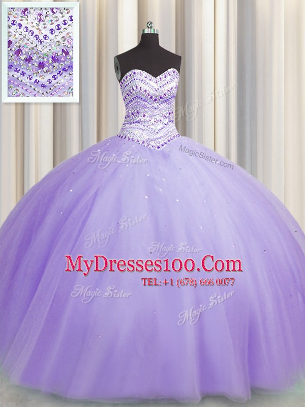 Bling-bling Puffy Skirt Tulle Sweetheart Sleeveless Lace Up Beading 15 Quinceanera Dress in Lavender