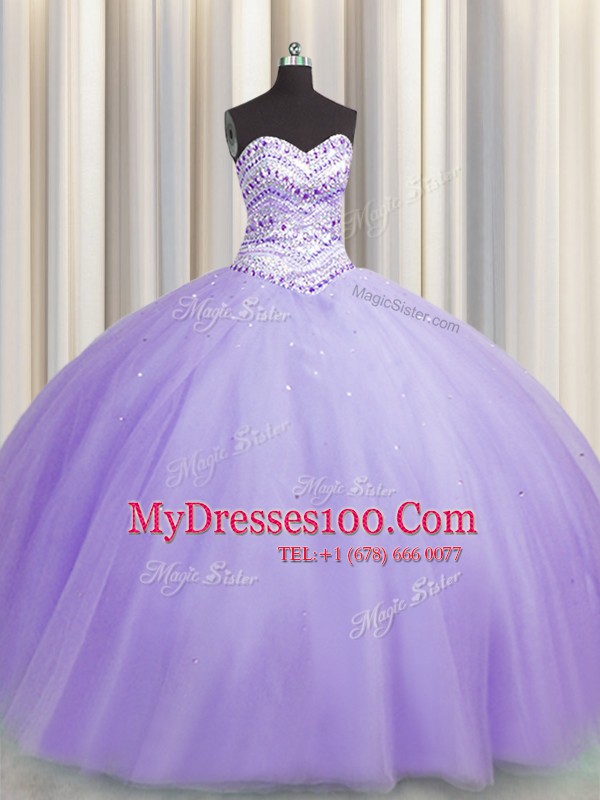 Bling-bling Puffy Skirt Tulle Sweetheart Sleeveless Lace Up Beading 15 Quinceanera Dress in Lavender