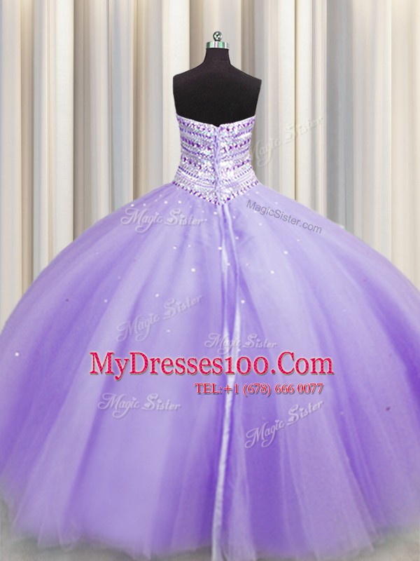 Bling-bling Puffy Skirt Tulle Sweetheart Sleeveless Lace Up Beading 15 Quinceanera Dress in Lavender