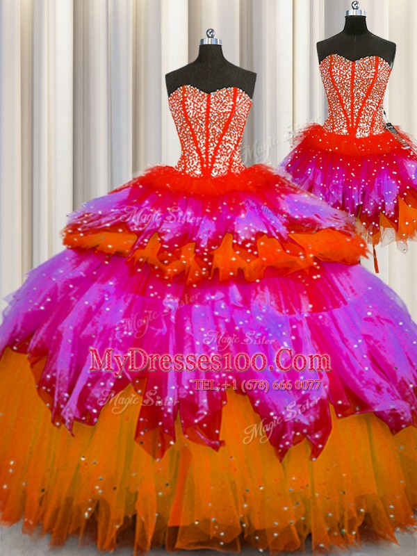 Fabulous Three Piece Visible Boning Multi-color Sweetheart Lace Up Beading Quince Ball Gowns Sleeveless
