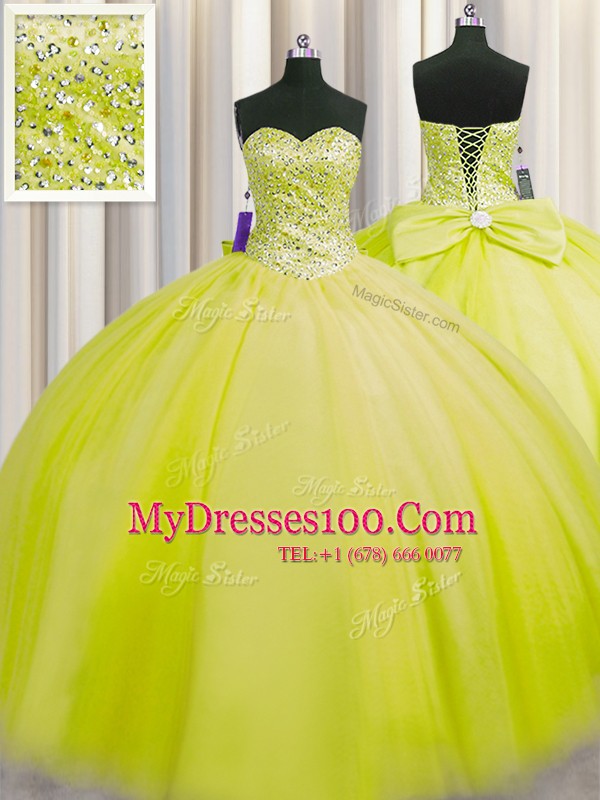 Really Puffy Floor Length Lace Up 15th Birthday Dress Yellow Green for Military Ball and Sweet 16 and Quinceanera with Beading