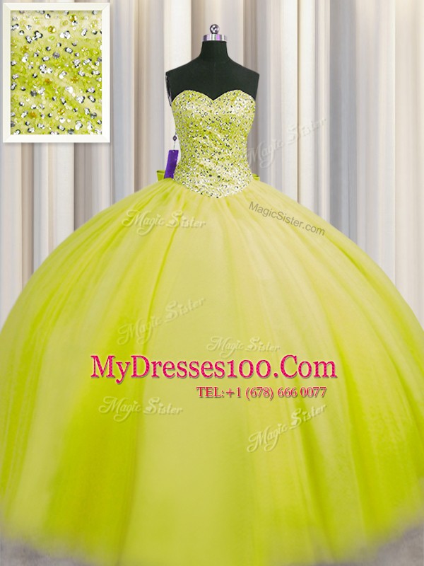 Really Puffy Floor Length Lace Up 15th Birthday Dress Yellow Green for Military Ball and Sweet 16 and Quinceanera with Beading