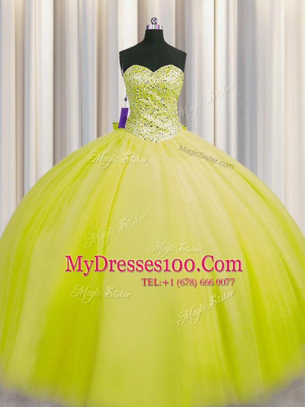 Really Puffy Floor Length Lace Up 15th Birthday Dress Yellow Green for Military Ball and Sweet 16 and Quinceanera with Beading