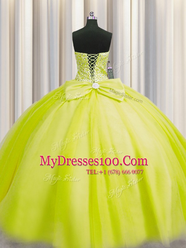 Really Puffy Floor Length Lace Up 15th Birthday Dress Yellow Green for Military Ball and Sweet 16 and Quinceanera with Beading