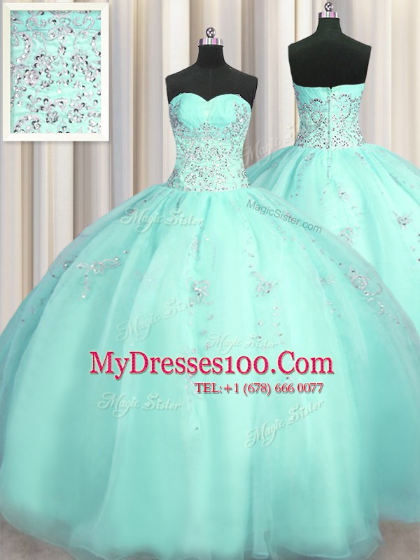 Really Puffy Turquoise Organza Zipper Sweetheart Sleeveless Floor Length Quinceanera Gown Beading and Appliques
