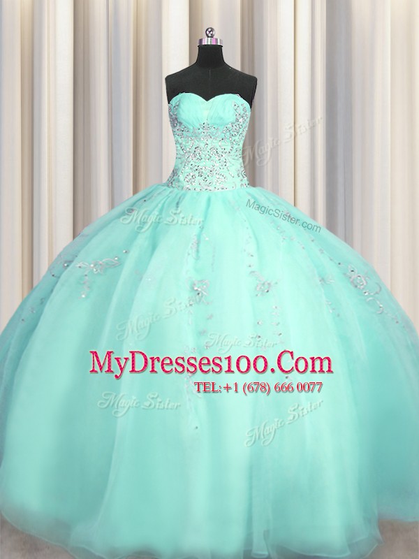 Really Puffy Turquoise Organza Zipper Sweetheart Sleeveless Floor Length Quinceanera Gown Beading and Appliques