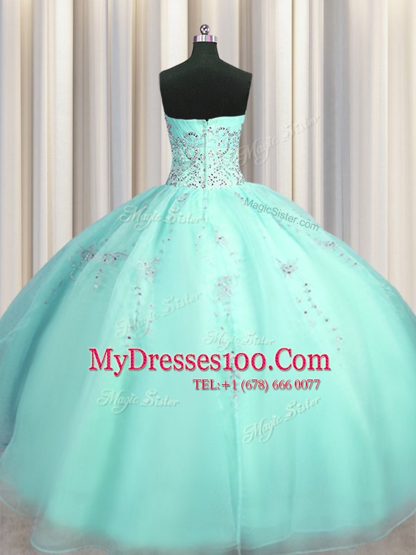 Really Puffy Turquoise Organza Zipper Sweetheart Sleeveless Floor Length Quinceanera Gown Beading and Appliques
