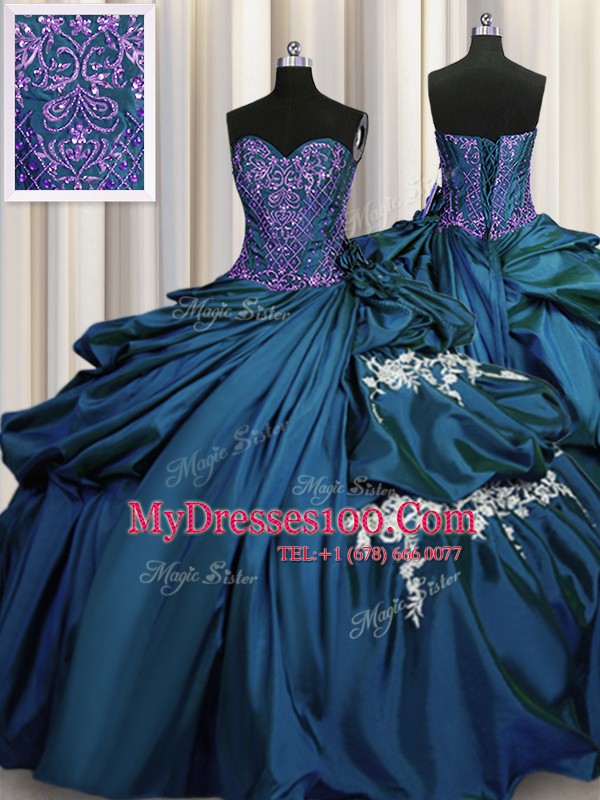 Elegant Floor Length Teal Sweet 16 Quinceanera Dress Taffeta Sleeveless Beading and Appliques