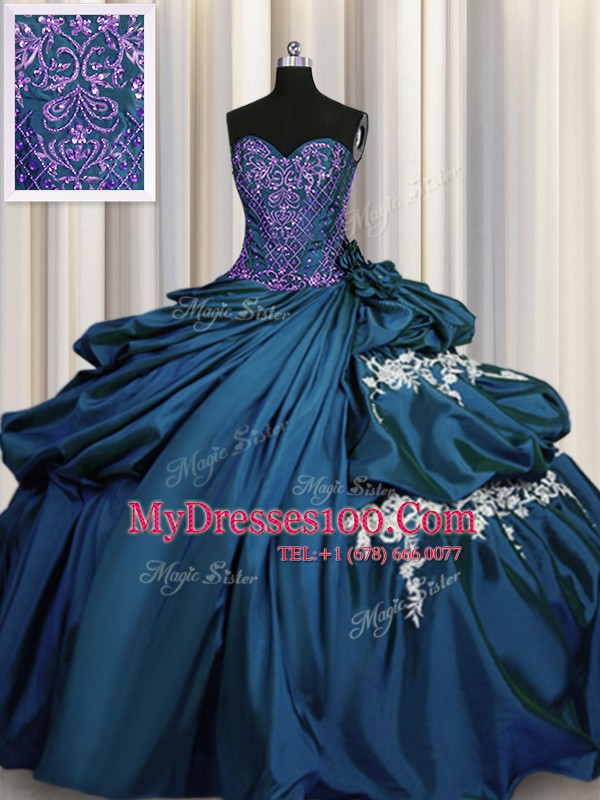 Elegant Floor Length Teal Sweet 16 Quinceanera Dress Taffeta Sleeveless Beading and Appliques