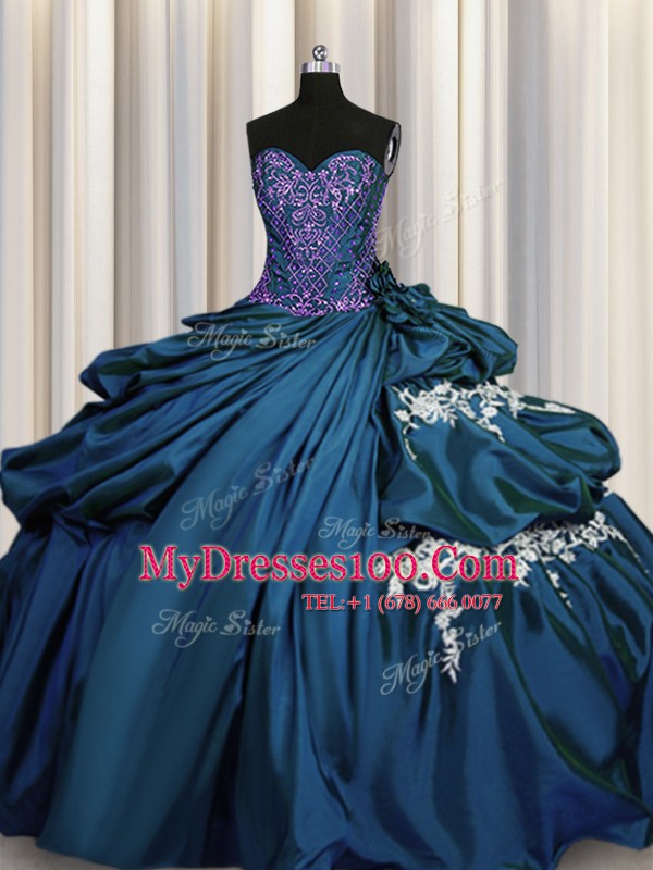 Elegant Floor Length Teal Sweet 16 Quinceanera Dress Taffeta Sleeveless Beading and Appliques