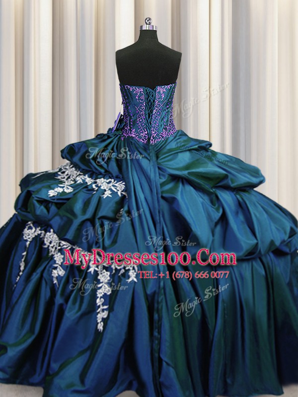 Elegant Floor Length Teal Sweet 16 Quinceanera Dress Taffeta Sleeveless Beading and Appliques