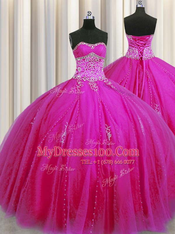 Smart Really Puffy Sleeveless Tulle Floor Length Lace Up Sweet 16 Dress in Fuchsia with Beading and Appliques