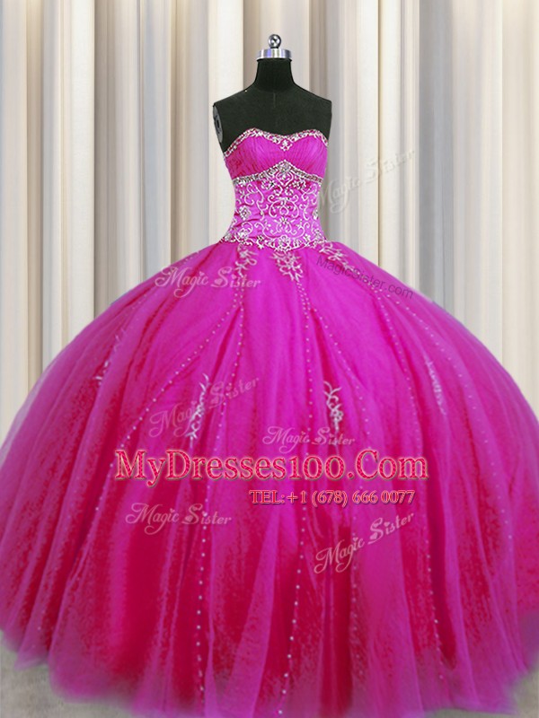 Smart Really Puffy Sleeveless Tulle Floor Length Lace Up Sweet 16 Dress in Fuchsia with Beading and Appliques