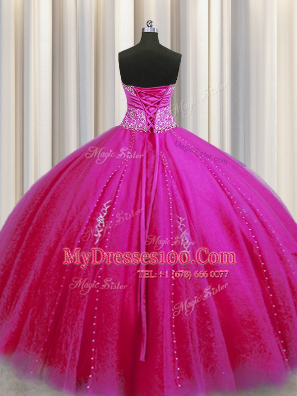 Smart Really Puffy Sleeveless Tulle Floor Length Lace Up Sweet 16 Dress in Fuchsia with Beading and Appliques