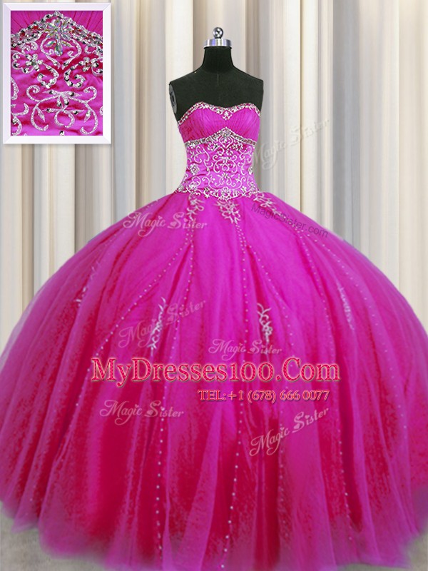 Smart Really Puffy Sleeveless Tulle Floor Length Lace Up Sweet 16 Dress in Fuchsia with Beading and Appliques