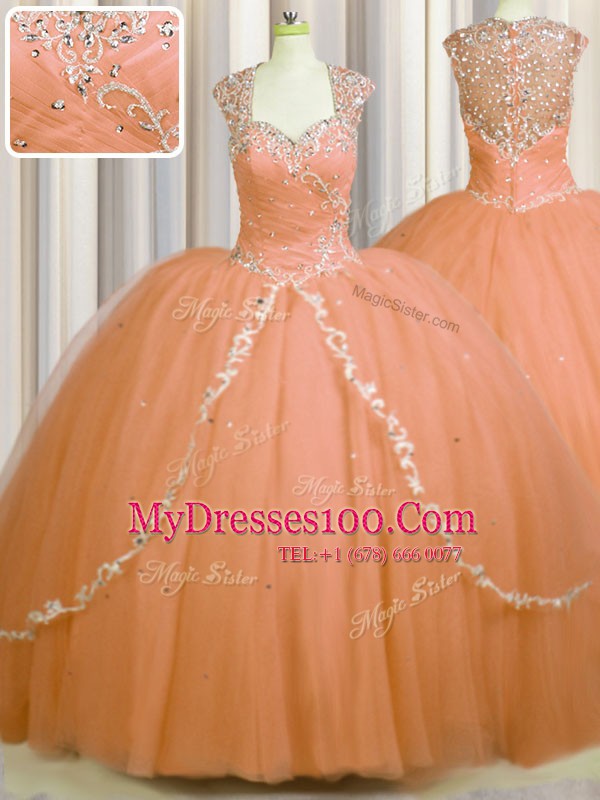 Attractive See Through Back Orange Ball Gowns Sweetheart Cap Sleeves Tulle With Brush Train Zipper Beading and Appliques Vestidos de Quinceanera