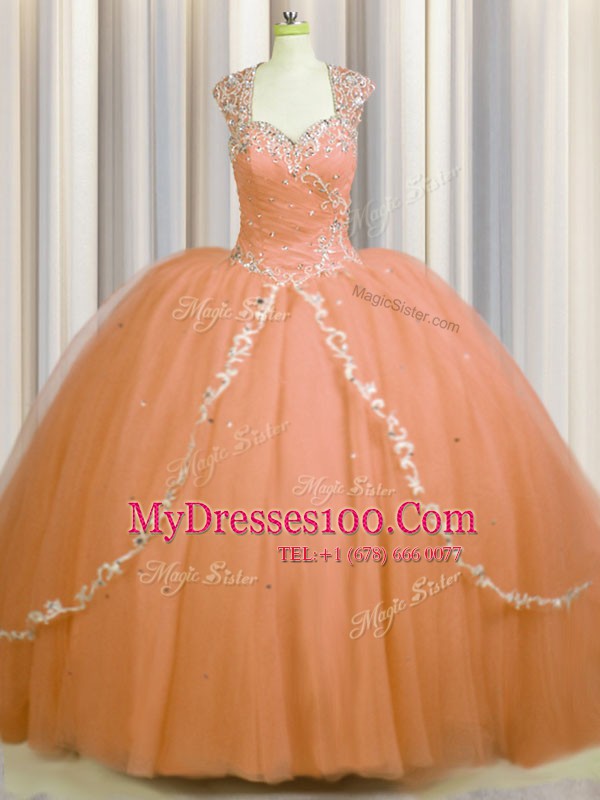 Attractive See Through Back Orange Ball Gowns Sweetheart Cap Sleeves Tulle With Brush Train Zipper Beading and Appliques Vestidos de Quinceanera