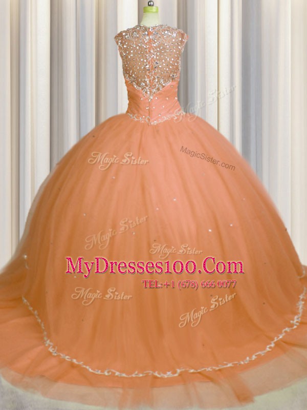 Attractive See Through Back Orange Ball Gowns Sweetheart Cap Sleeves Tulle With Brush Train Zipper Beading and Appliques Vestidos de Quinceanera