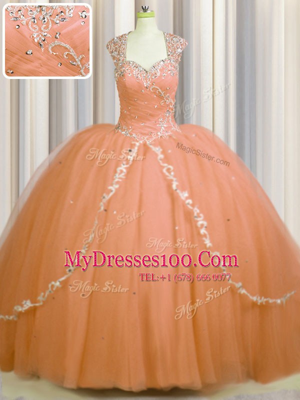Attractive See Through Back Orange Ball Gowns Sweetheart Cap Sleeves Tulle With Brush Train Zipper Beading and Appliques Vestidos de Quinceanera