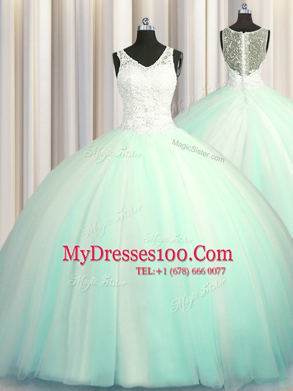 Big Puffy Zipper Up Apple Green Sleeveless Brush Train Beading and Appliques With Train Quinceanera Gown