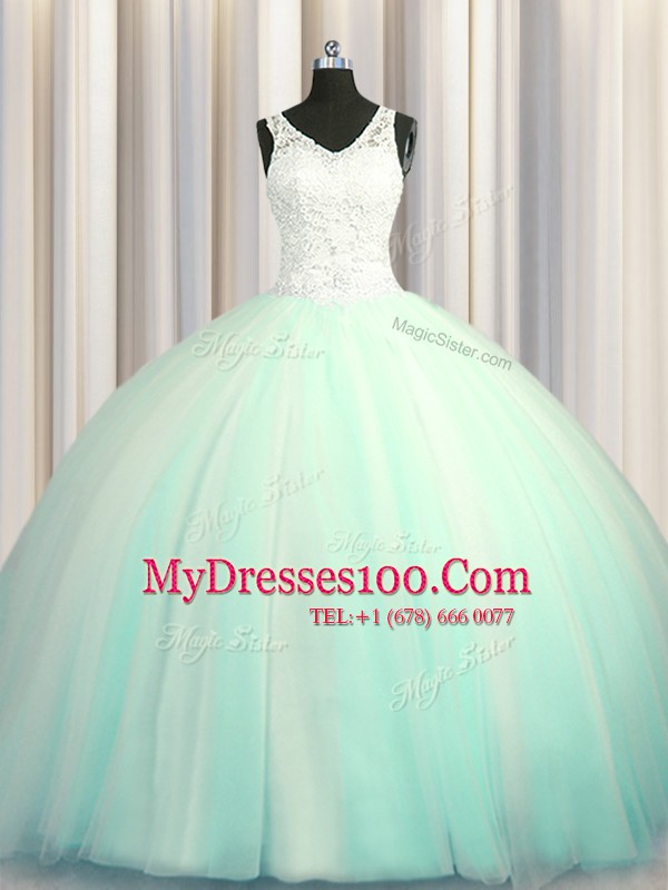 Big Puffy Zipper Up Apple Green Sleeveless Brush Train Beading and Appliques With Train Quinceanera Gown