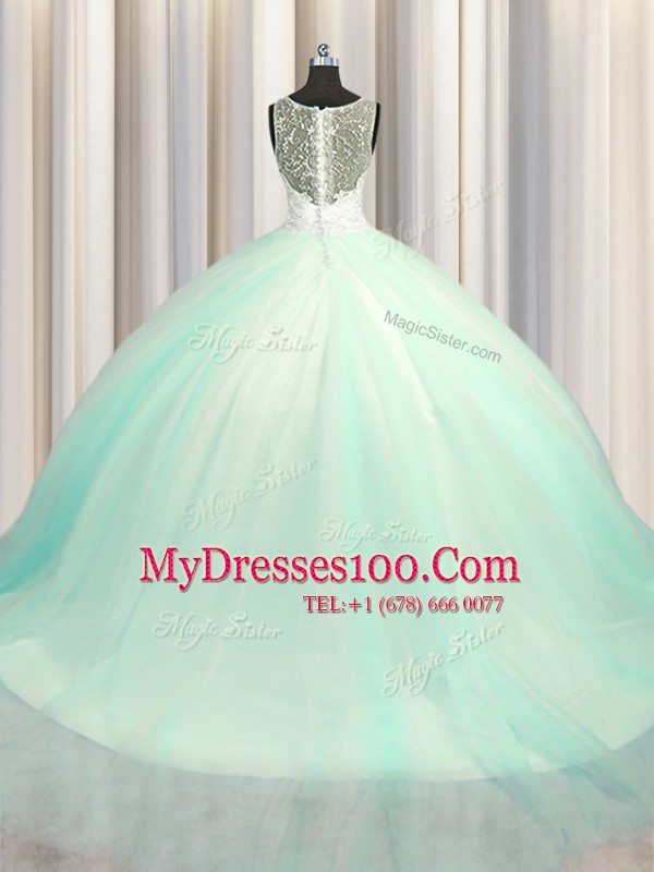 Big Puffy Zipper Up Apple Green Sleeveless Brush Train Beading and Appliques With Train Quinceanera Gown