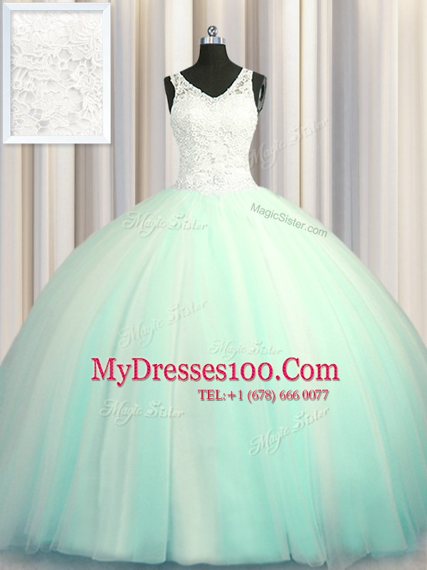 Big Puffy Zipper Up Apple Green Sleeveless Brush Train Beading and Appliques With Train Quinceanera Gown