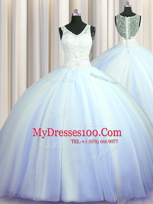 Attractive See Through Zipper Up Light Blue Quinceanera Dresses Military Ball and Sweet 16 and Quinceanera and For with Beading and Appliques V-neck Sleeveless Brush Train Zipper