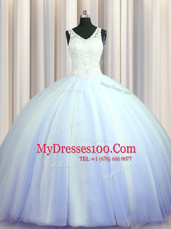 Attractive See Through Zipper Up Light Blue Quinceanera Dresses Military Ball and Sweet 16 and Quinceanera and For with Beading and Appliques V-neck Sleeveless Brush Train Zipper