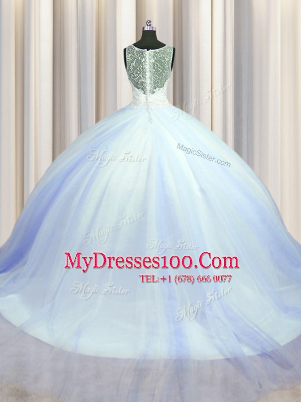 Attractive See Through Zipper Up Light Blue Quinceanera Dresses Military Ball and Sweet 16 and Quinceanera and For with Beading and Appliques V-neck Sleeveless Brush Train Zipper
