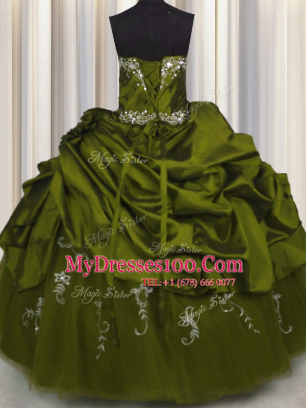 High Quality Embroidery Taffeta Strapless Sleeveless Lace Up Beading and Appliques and Pick Ups 15th Birthday Dress in Olive Green