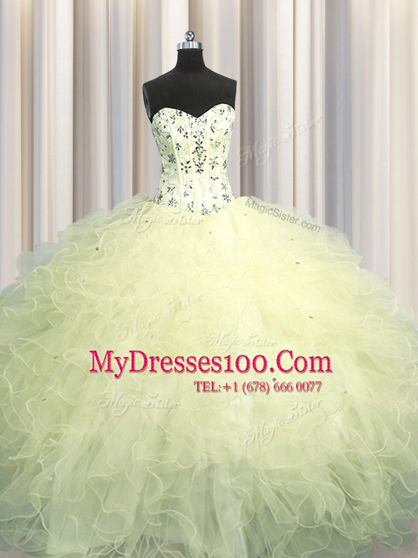 Custom Made Visible Boning Light Yellow 15 Quinceanera Dress Military Ball and Sweet 16 and Quinceanera and For with Beading and Appliques and Ruffles Sweetheart Sleeveless Lace Up