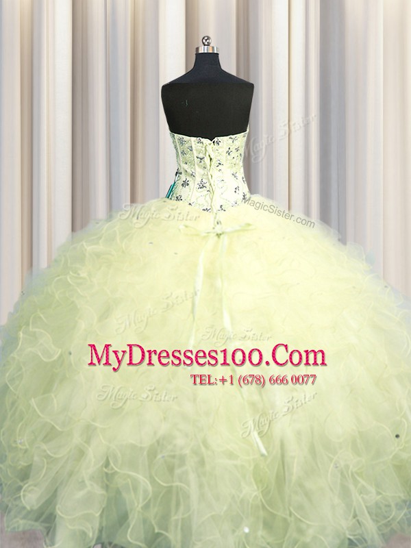 Custom Made Visible Boning Light Yellow 15 Quinceanera Dress Military Ball and Sweet 16 and Quinceanera and For with Beading and Appliques and Ruffles Sweetheart Sleeveless Lace Up