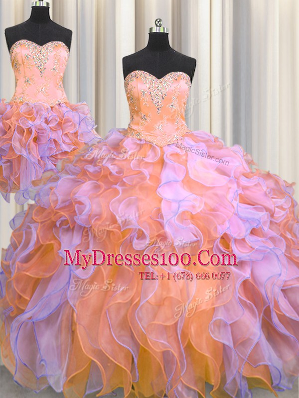 Simple Three Piece Multi-color 15 Quinceanera Dress Military Ball and Sweet 16 and Quinceanera and For with Beading and Appliques and Ruffles Sweetheart Sleeveless Lace Up