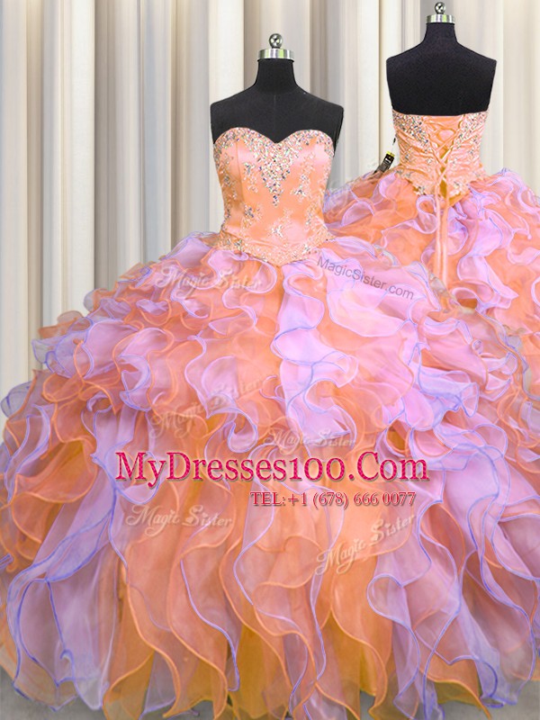Simple Three Piece Multi-color 15 Quinceanera Dress Military Ball and Sweet 16 and Quinceanera and For with Beading and Appliques and Ruffles Sweetheart Sleeveless Lace Up