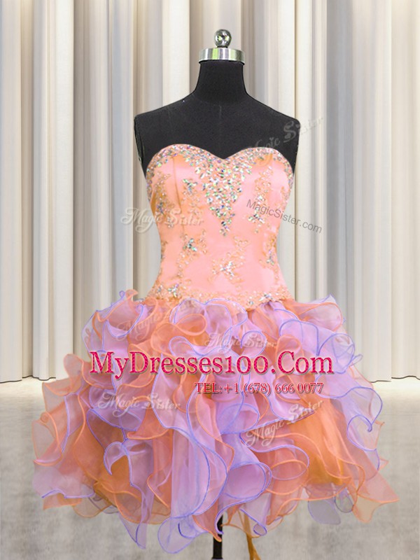 Simple Three Piece Multi-color 15 Quinceanera Dress Military Ball and Sweet 16 and Quinceanera and For with Beading and Appliques and Ruffles Sweetheart Sleeveless Lace Up