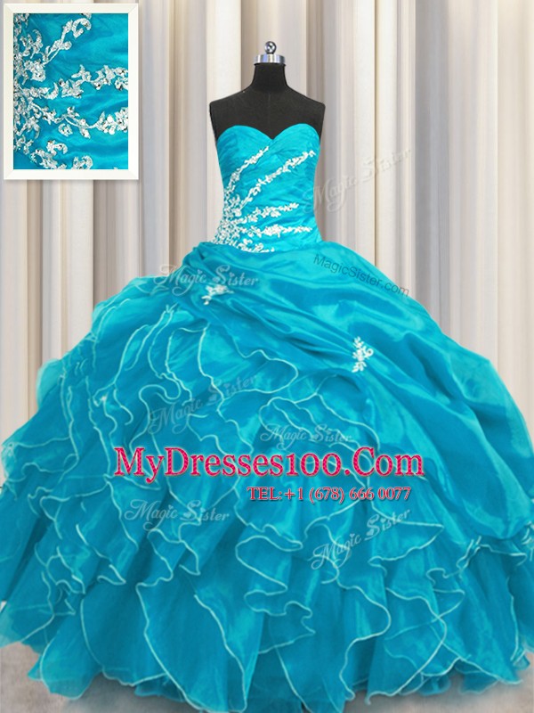 Excellent Aqua Blue Sleeveless Organza Lace Up 15 Quinceanera Dress for Military Ball and Sweet 16 and Quinceanera