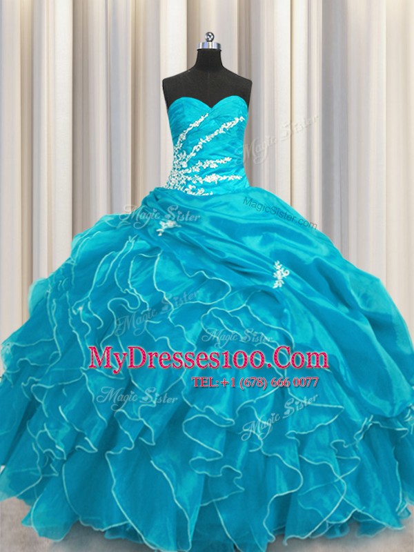 Excellent Aqua Blue Sleeveless Organza Lace Up 15 Quinceanera Dress for Military Ball and Sweet 16 and Quinceanera