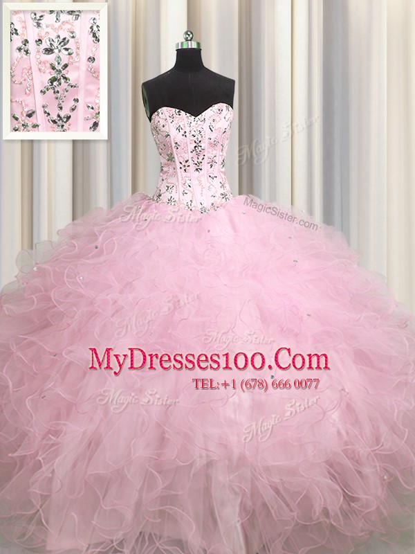 High Class Visible Boning Baby Pink Sweetheart Neckline Beading and Appliques and Ruffles Ball Gown Prom Dress Sleeveless Lace Up