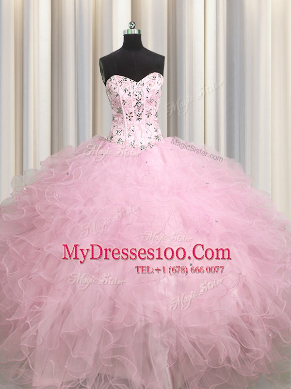 High Class Visible Boning Baby Pink Sweetheart Neckline Beading and Appliques and Ruffles Ball Gown Prom Dress Sleeveless Lace Up