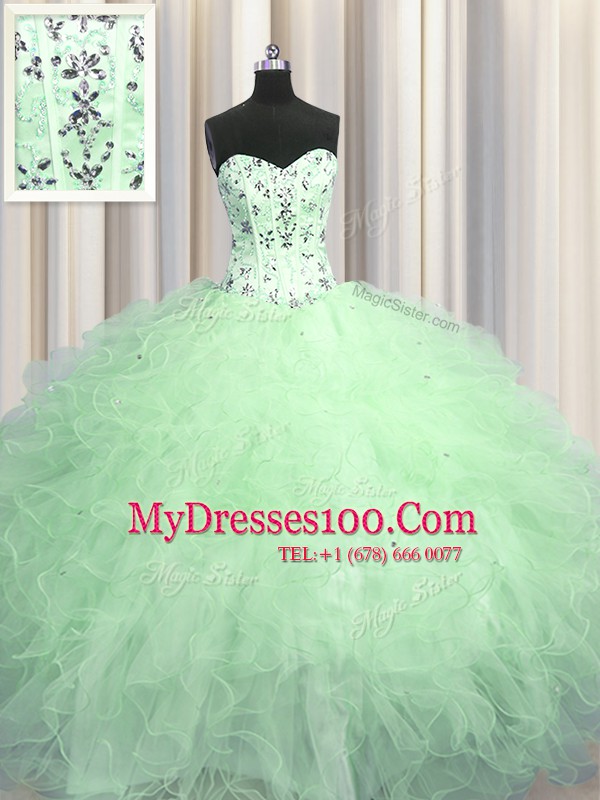 Visible Boning Floor Length Lace Up 15th Birthday Dress Apple Green for Military Ball and Sweet 16 and Quinceanera with Beading and Appliques and Ruffles