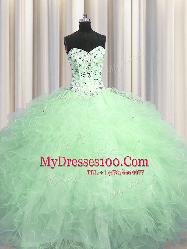 Visible Boning Floor Length Lace Up 15th Birthday Dress Apple Green for Military Ball and Sweet 16 and Quinceanera with Beading and Appliques and Ruffles
