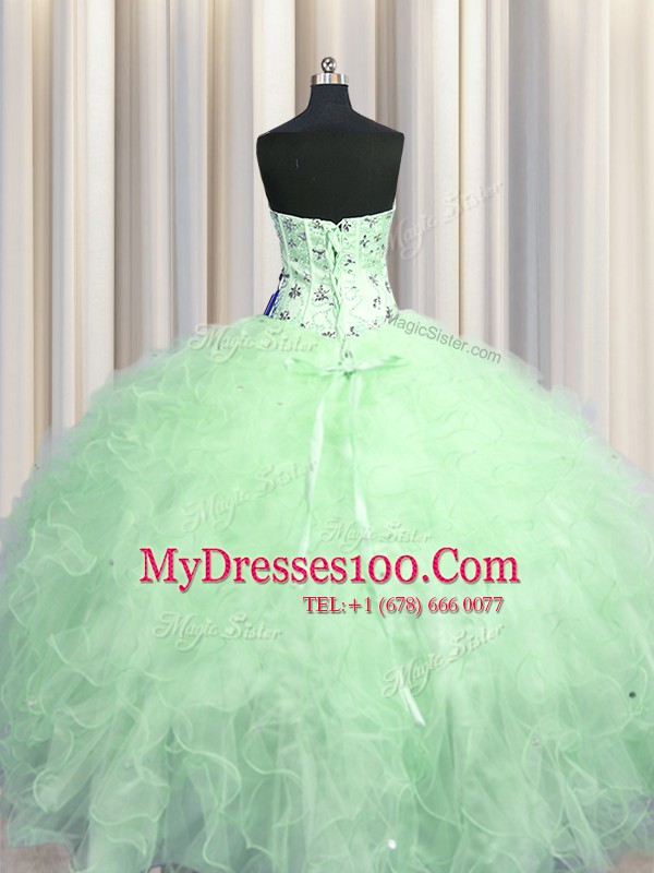 Visible Boning Floor Length Lace Up 15th Birthday Dress Apple Green for Military Ball and Sweet 16 and Quinceanera with Beading and Appliques and Ruffles