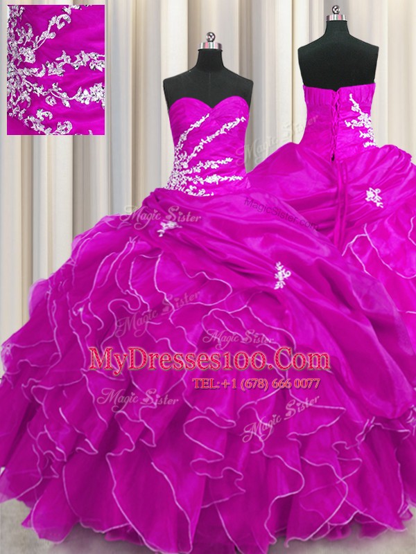 Shining Floor Length Fuchsia Ball Gown Prom Dress Sweetheart Sleeveless Lace Up