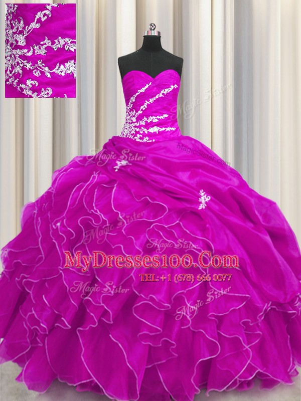 Shining Floor Length Fuchsia Ball Gown Prom Dress Sweetheart Sleeveless Lace Up