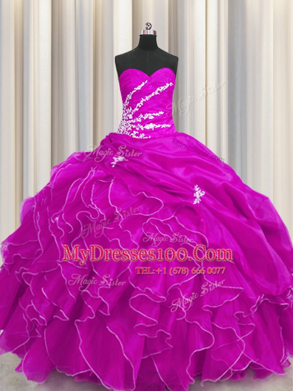 Shining Floor Length Fuchsia Ball Gown Prom Dress Sweetheart Sleeveless Lace Up