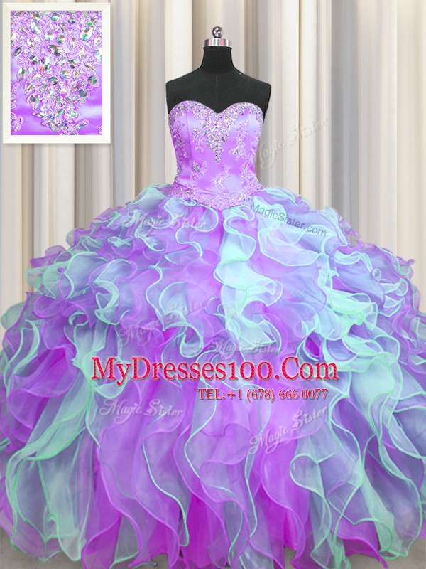 Hot Sale Multi-color Sweetheart Lace Up Beading and Appliques and Ruffles Quinceanera Dress Sleeveless