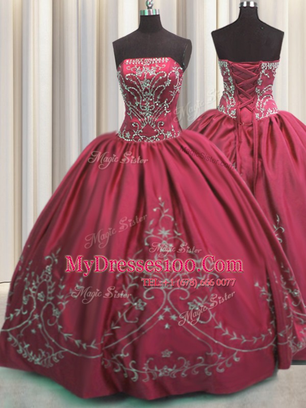 Fitting Embroidery Floor Length Coral Red 15th Birthday Dress Strapless Sleeveless Lace Up